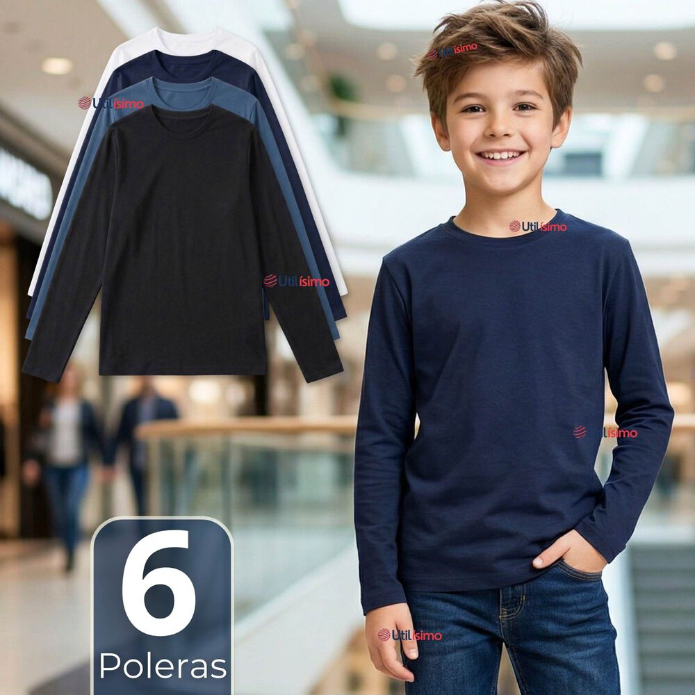 Pack 6 Poleras Camisetas Bamb&uacute; Cuello Redondo Primera Capa Manga Larga Colores Surtido Ni&ntilde;o image number 0.0