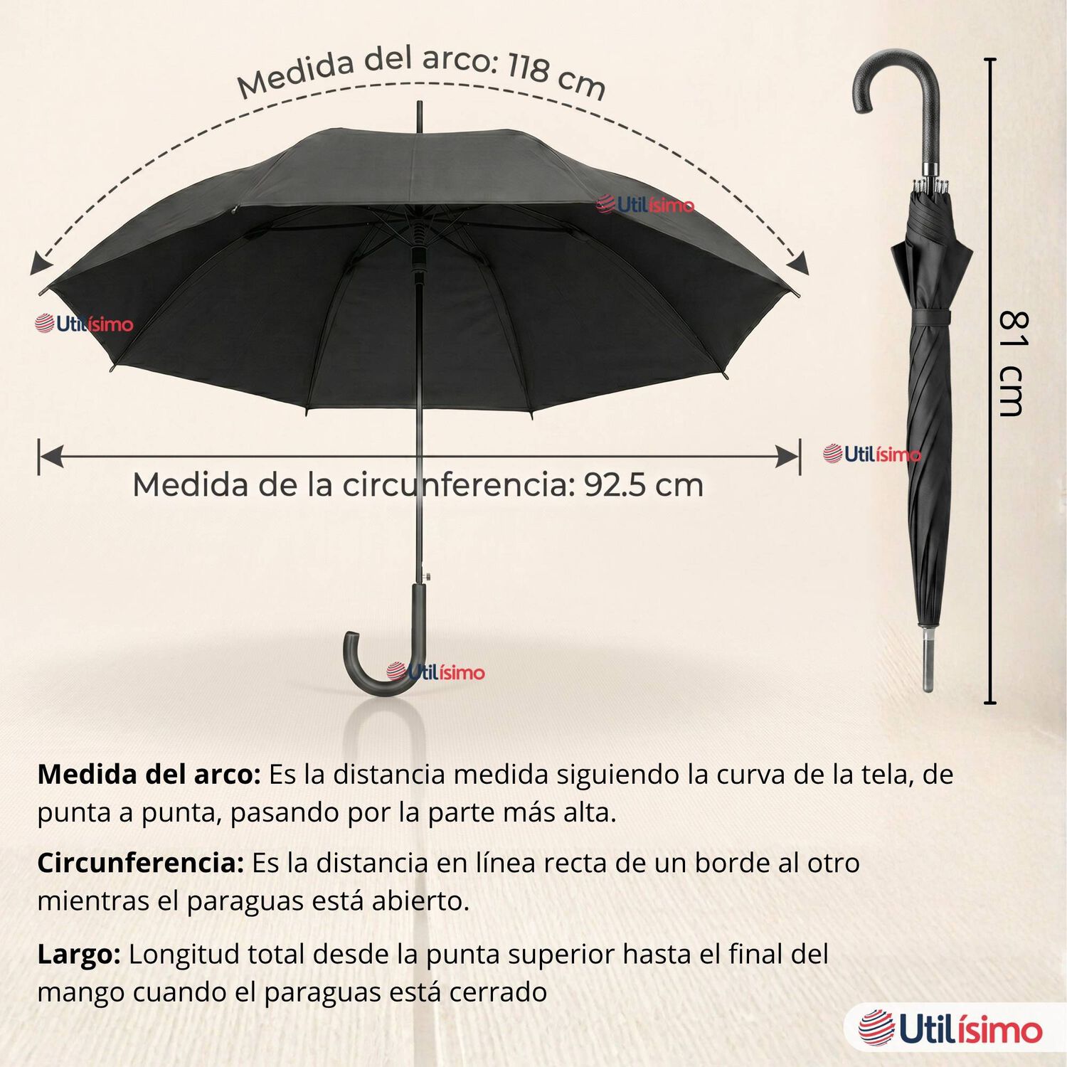 Paraguas Mate Grande 92,5 Cm Sombrilla Autom&aacute;tica Mango Largo Negro image number 3.0