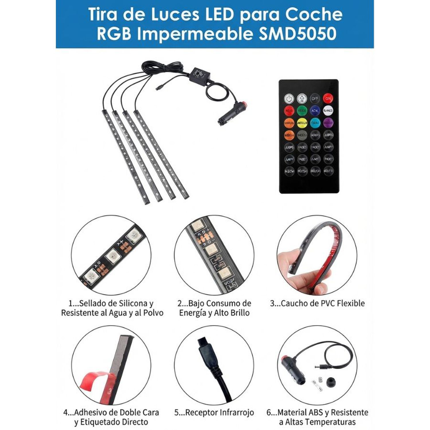 Tiras Led Rgb Interior Auto Reactivas Al Sonido Con Control Remoto 4 Piezas image number 2.0