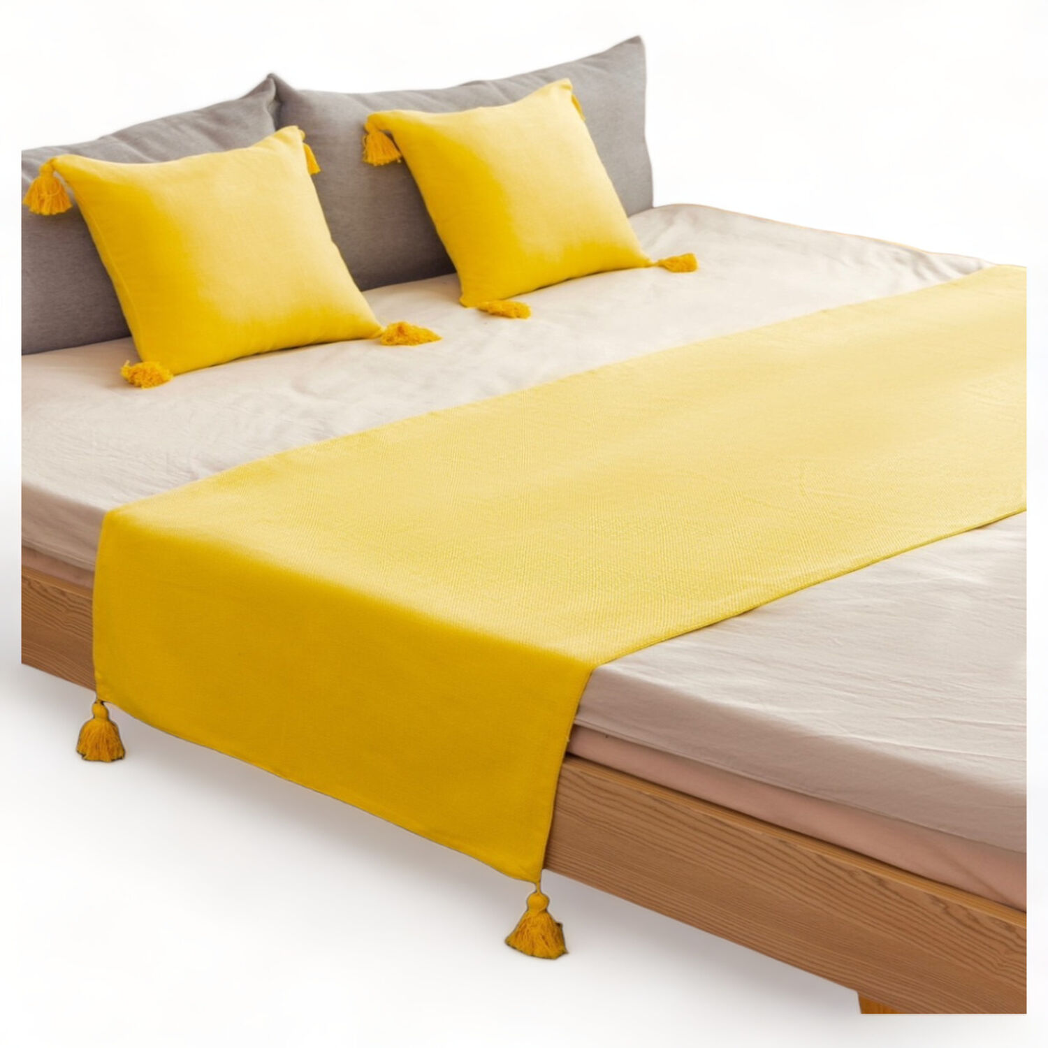 Pie De Cama En Lino 210cm X 70cm + 2 Fundas 45cm X 45xm Para Cama 2 Plaza O King Color Amarillo image number 0.0