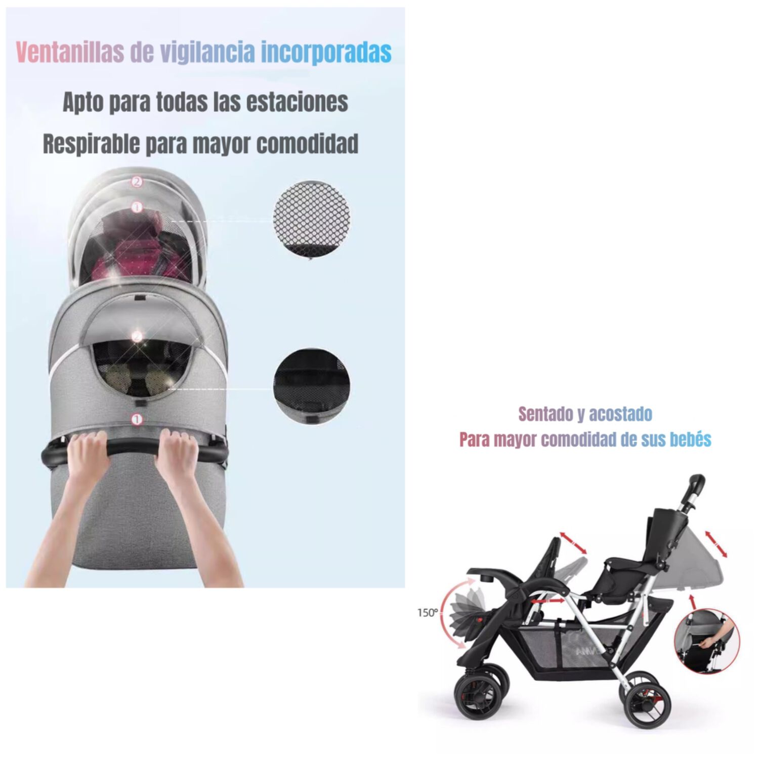 Coche Doble Duo Reclinable Plegable Gris By Lubabycas image number 5.0