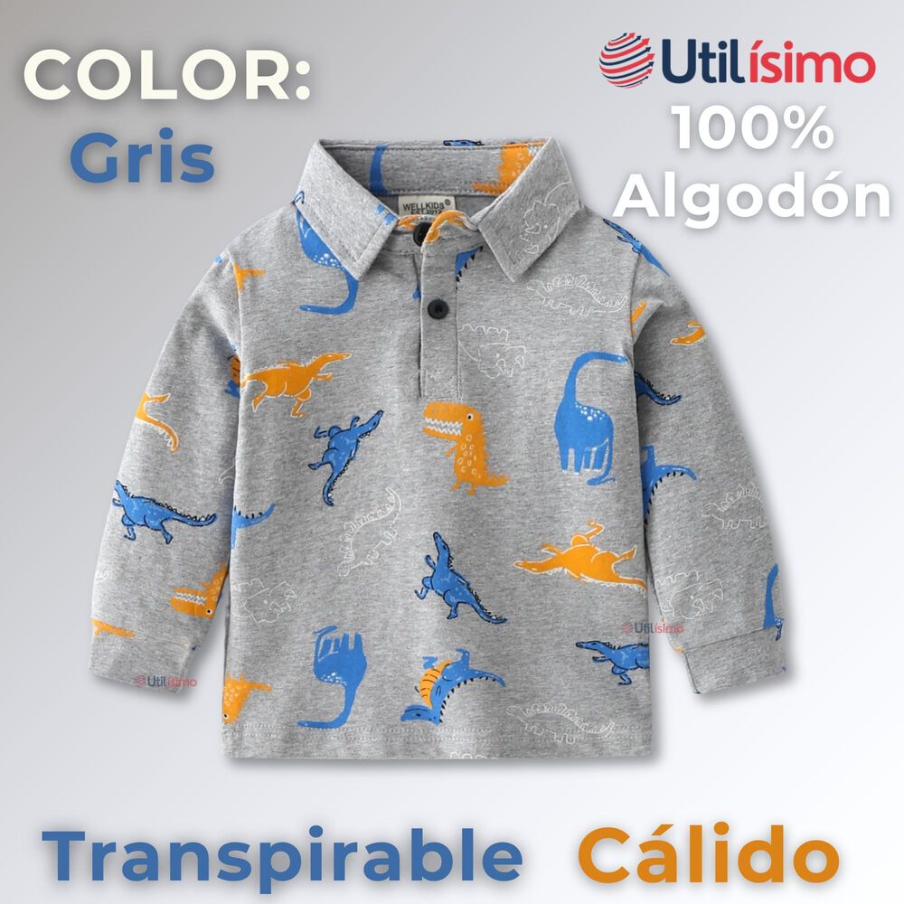 Polera Piqu&eacute; Manga Larga Ni&ntilde;o Con Estampado De Dinosaurios Gris image number 1.0