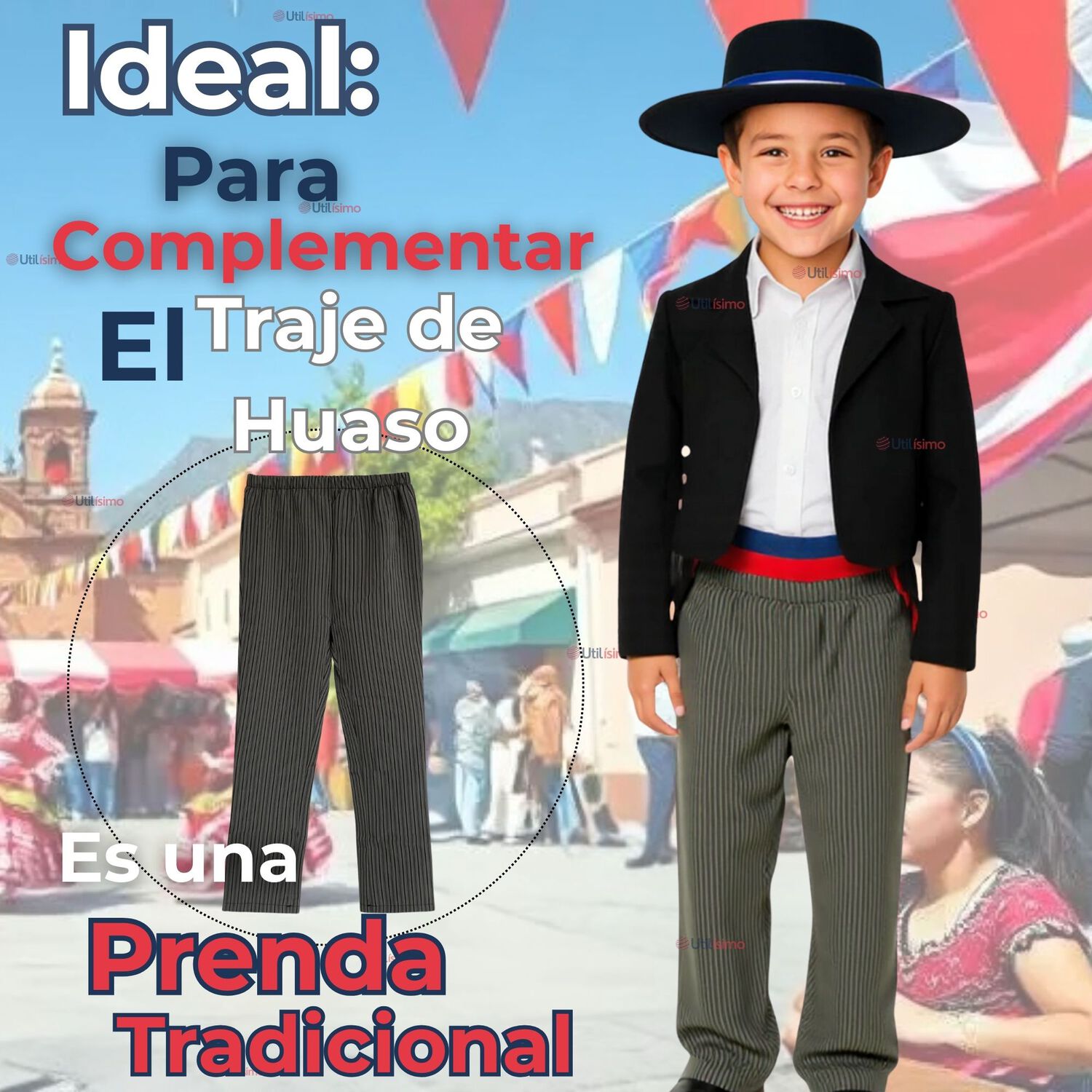 Pantal&oacute;n Huaso Gris Con Rayas Ni&ntilde;o Fiestas Patrias image number 3.0