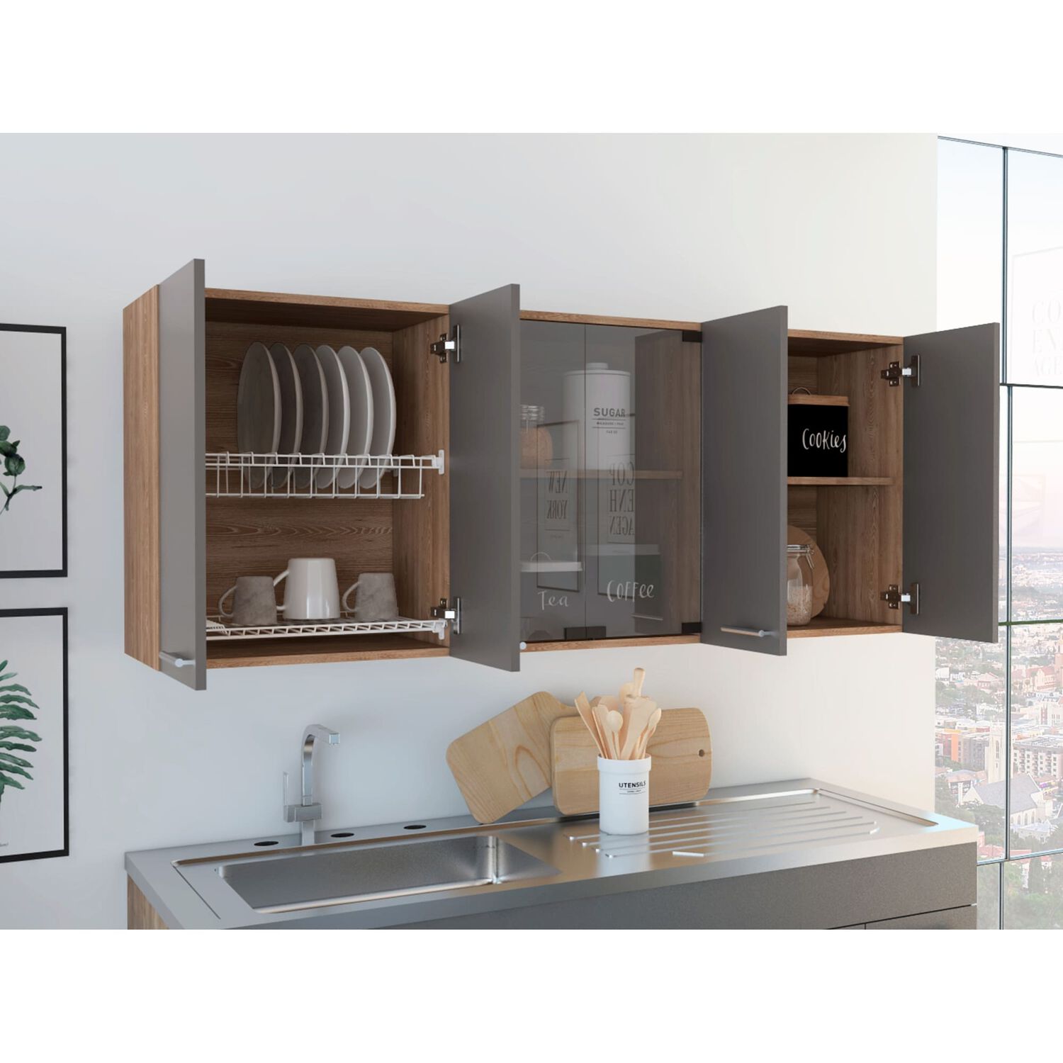 Mueble Superior De Cocina 6 Puertas 150x60x31,5 Cm Caf&eacute; Y Gris image number 8.0