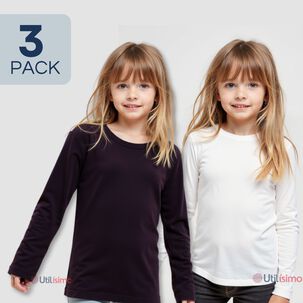 Pack 3 Camisetas Algodón Manga Larga Polera Niña Primera Capa Blanco Y Negro