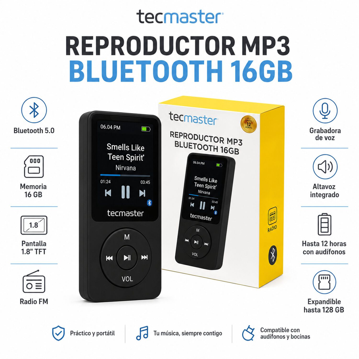 Reproductor Mp3 16gb Bluetooth 5.0 Tecmaster Tm-300523 Negro image number 6.0