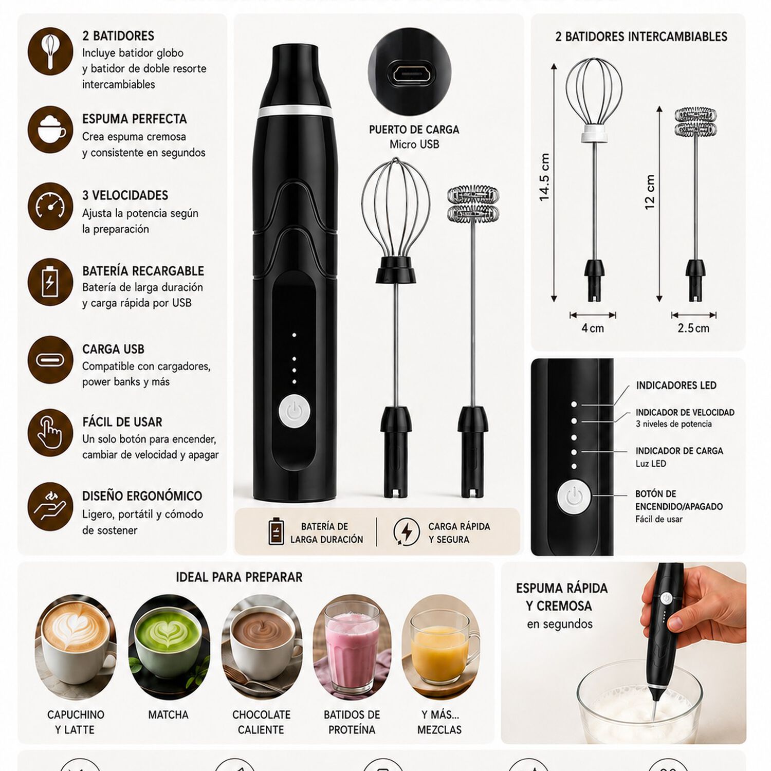 Espumador Batidor De Mano Recargable 3 Velocidades Con Doble Cabezal Para Caf&eacute;, Matcha Y Prote&iacute;nas image number 4.0