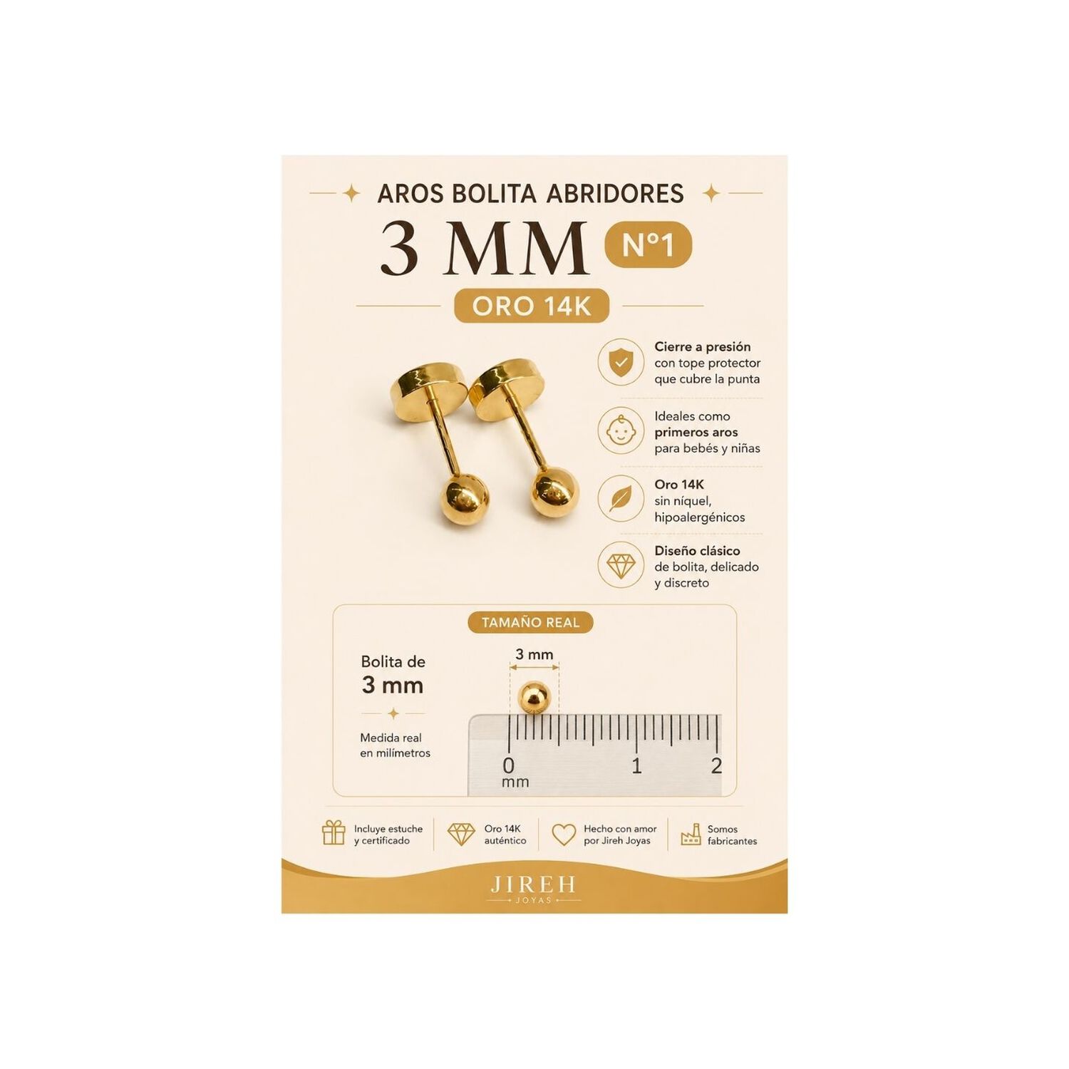 Aros Abridores Bolita 3mm N1 Oro 14k Beb&eacute; Ni&ntilde;a Hipoalerg&eacute;nic Dorado image number 7.0