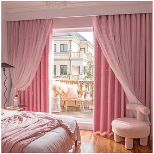 Cortinas Blackout Con Agujero Estrella Y Visillo Integrado - Rosa