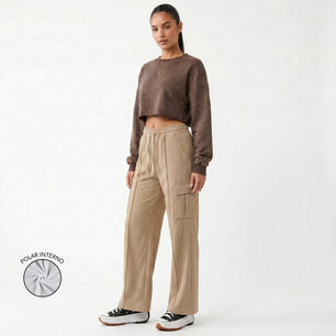 Pantalon Buzo Cargo Mujer Wide Leg Tiro Alto Con Cord&oacute;n