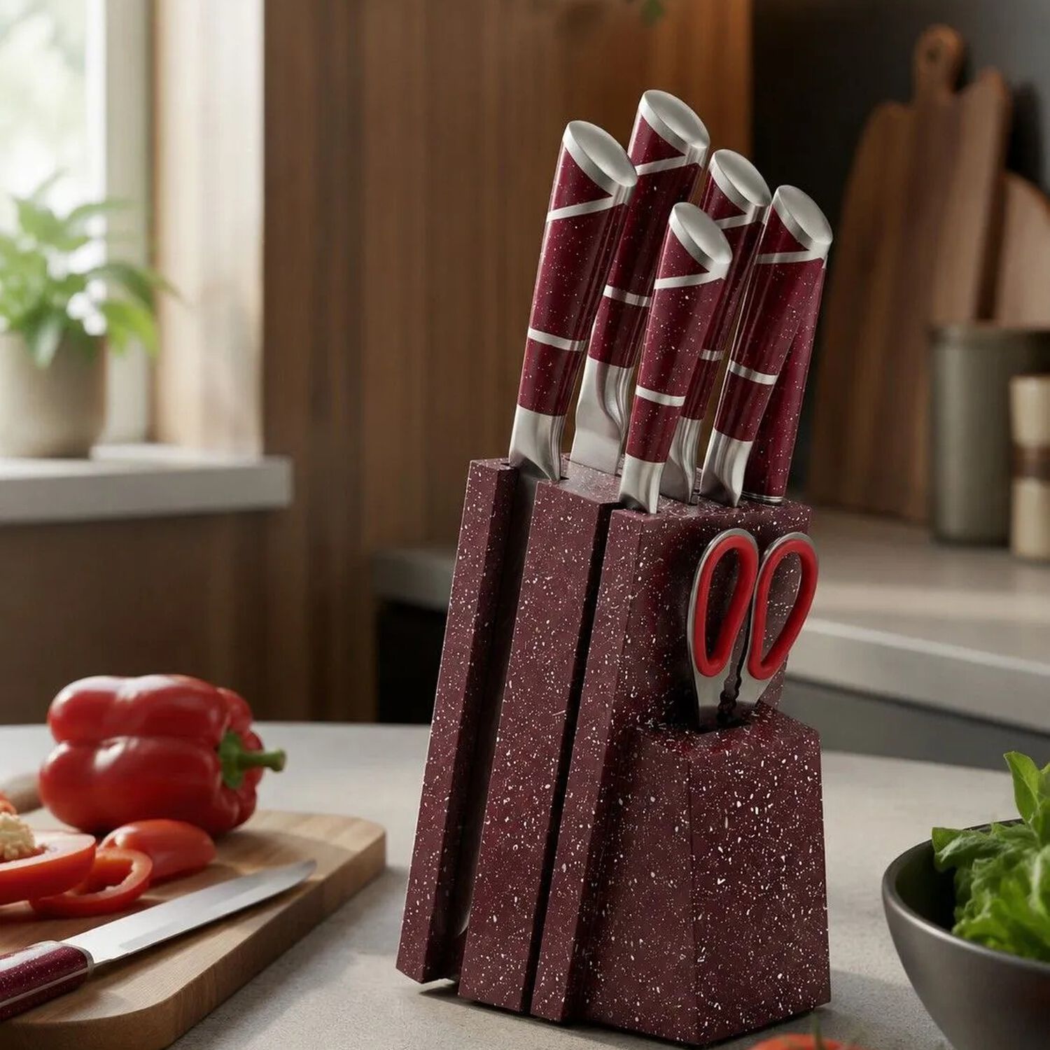 Set Cuchillos De Cocina 8 Piezas Con Base Marble De Lux Color Burdeo image number 3.0