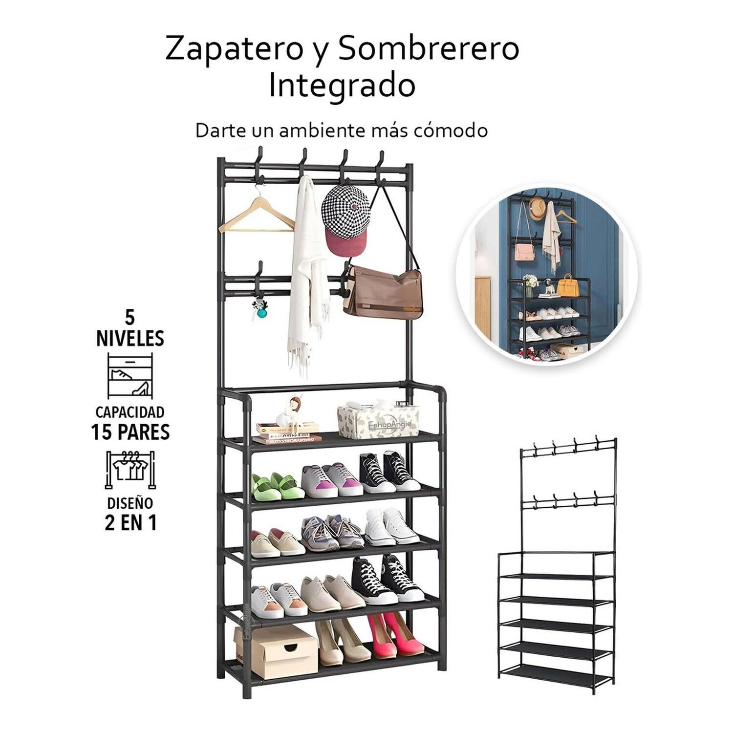 Organizador 2 En 1 Perchero Zapatero Metal 5 Niveles Negro image number 2.0