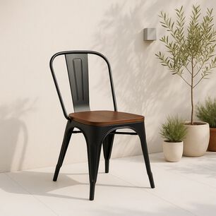 Silla Tolix De Comedor O Terraza Exterior Con Asiento De Madera Oscura Walnut - Negra