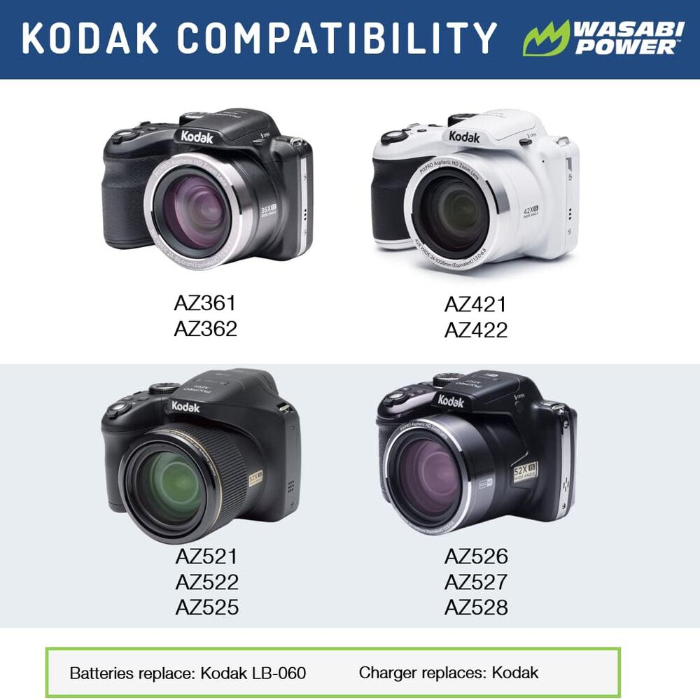 Wasabi Power Battery (2 Unidades) Y Cargador Para Kodak Lb-060 Y Kodak Az361, Az362, Az421, Az422, Az521, Az522, Az525, Az526, Az527, Az528 image number 1.0