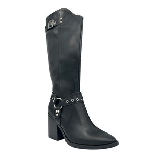 Bota De Mujer Color Negro Ca&ntilde;a Alta Con Hebilla Y Tachas