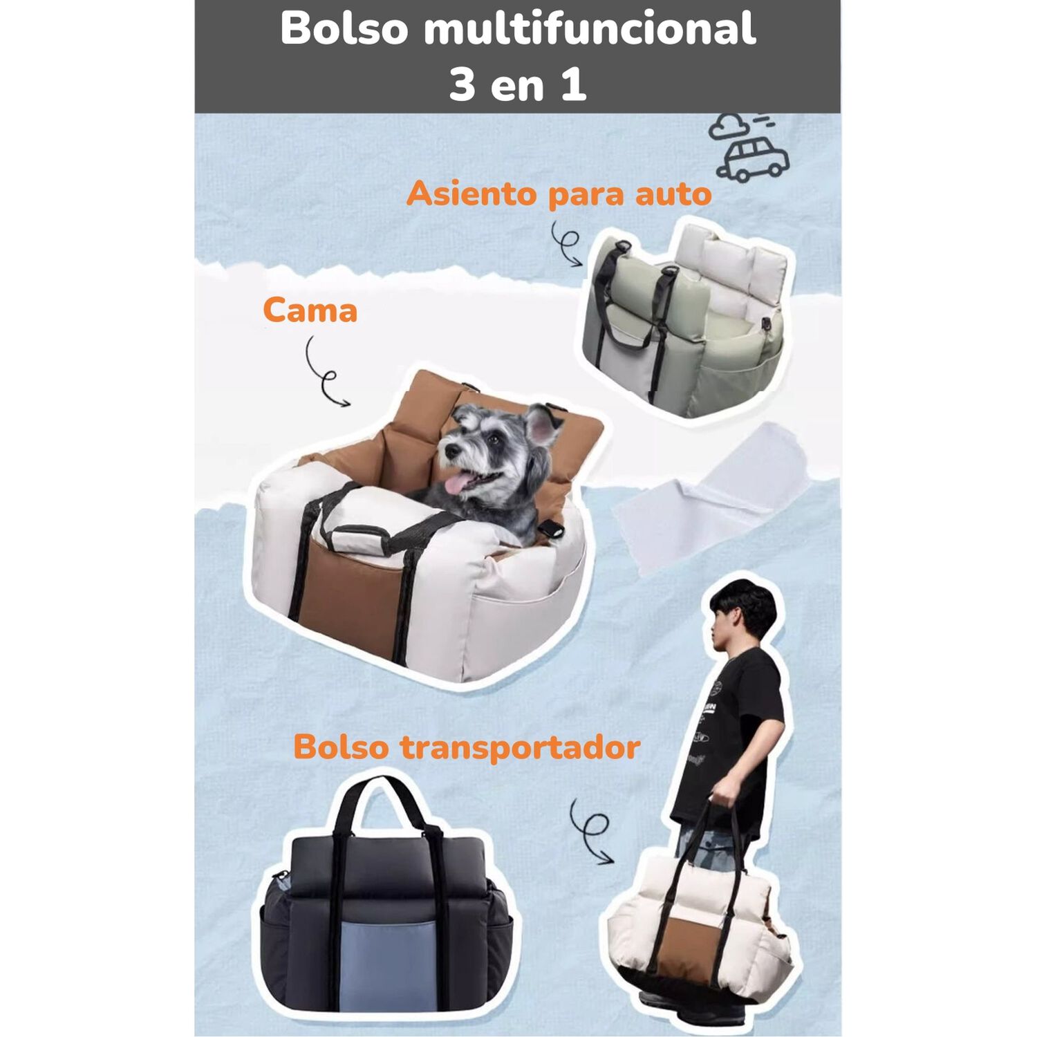 Bolso De Asiento Portatil Transportador 3 En 1 Mascota Auto image number 5.0