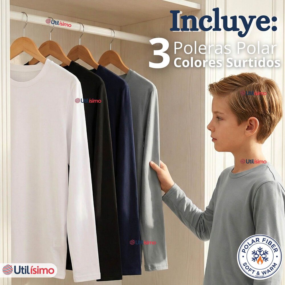 Pack 3 Poleras Camisetas Polar Primera Capa Cuello Redondo Manga Larga Colores Surtido Ni&ntilde;o image number 1.0