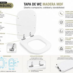 Asiento Tapa Wc Elongado De Madera Con Bisagras Metalica Y Cierre Sueve Modelo Hamburg Marca Taumm