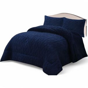 Cobertor De Invierno Con Chiporro De 1.5 Plazas + 1 Funda De Almohada Plumon Texturizado Diseño Trenzado Azul Oscuro