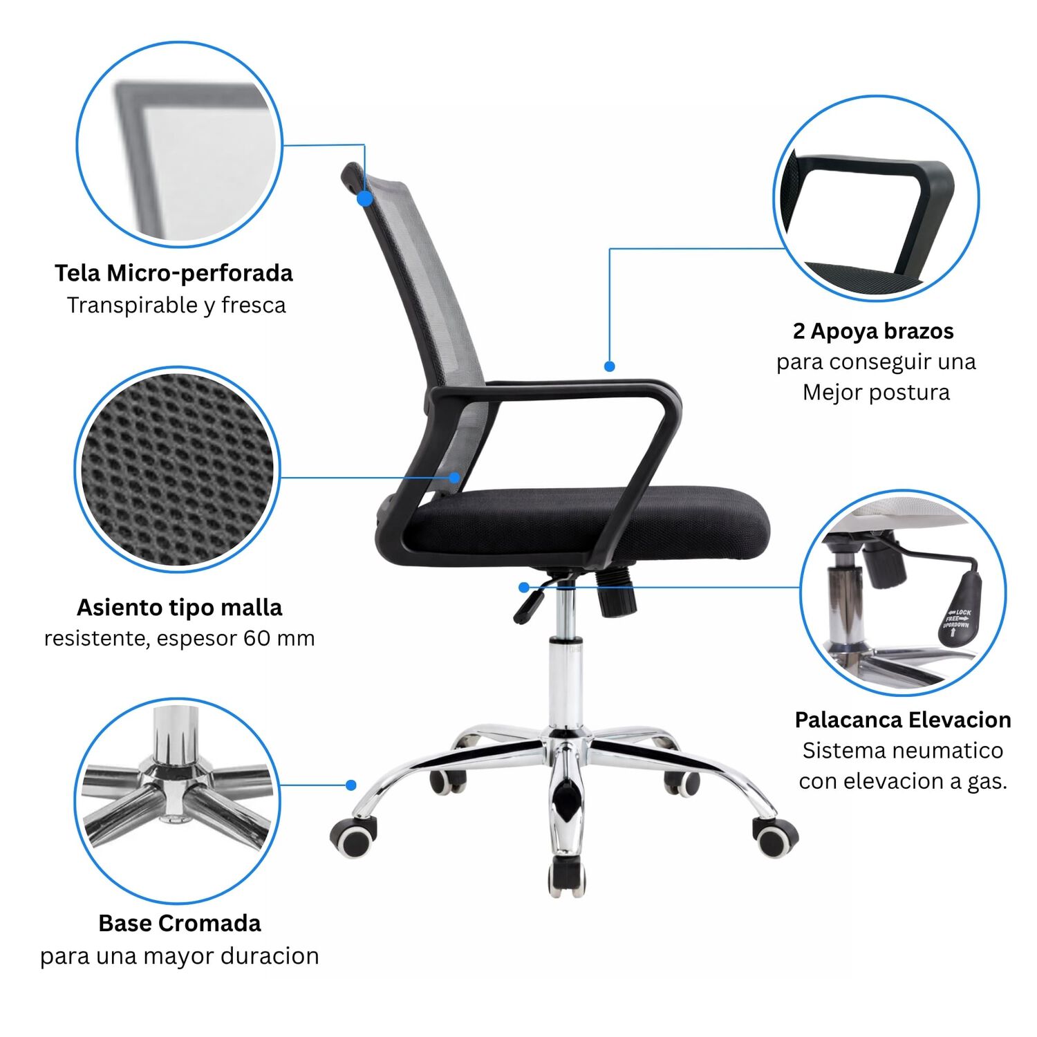 Silla De Oficina Ergon&oacute;mica Santiago Con Altura Ajustable Y Soporte Lumbar image number 1.0