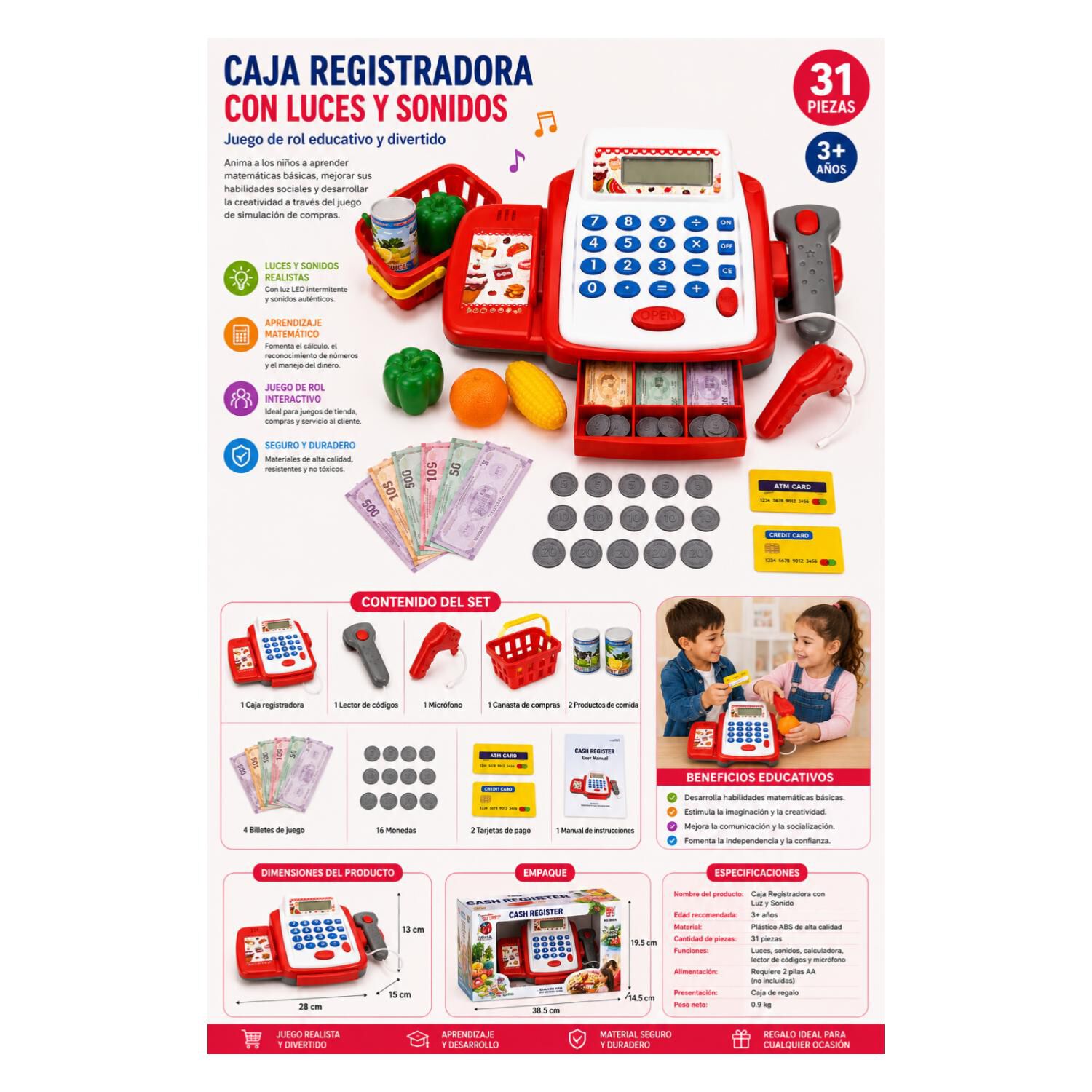 Juguete Caja Registradora Con Luces Y Sonidos 31pzas Infantil image number 3.0