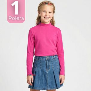 Polera Camiseta Polar Fucsia Primera Capa Cuello Beatle Manga Larga Ni&ntilde;a