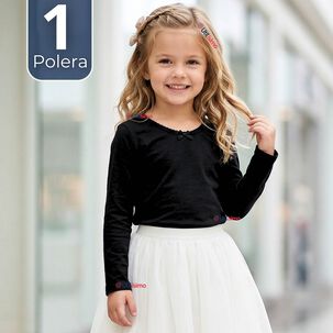 Camiseta Polera Algod&oacute;n Cuello Redondo Negra Primera Capa Manga Larga Ni&ntilde;a