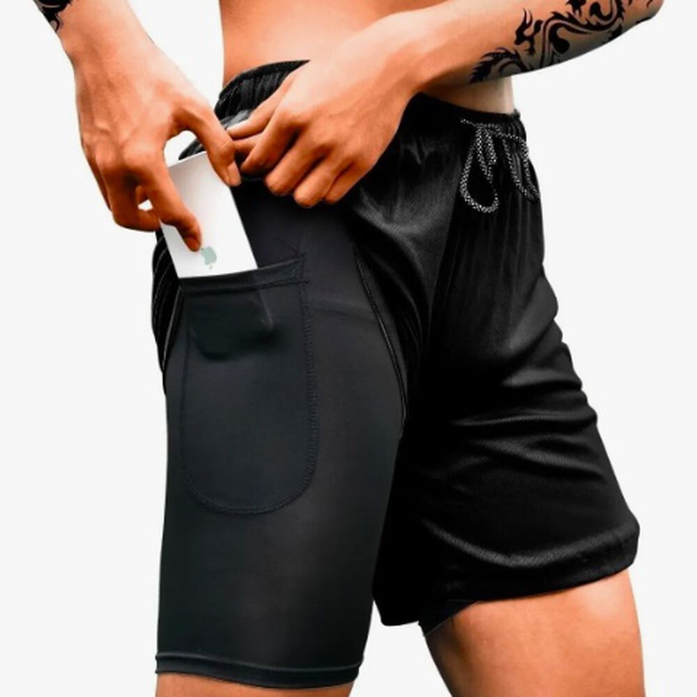 Short Gimnasio Con Licra Deportiva 2 En 1 Hombre Correr Negro L image number 2.0