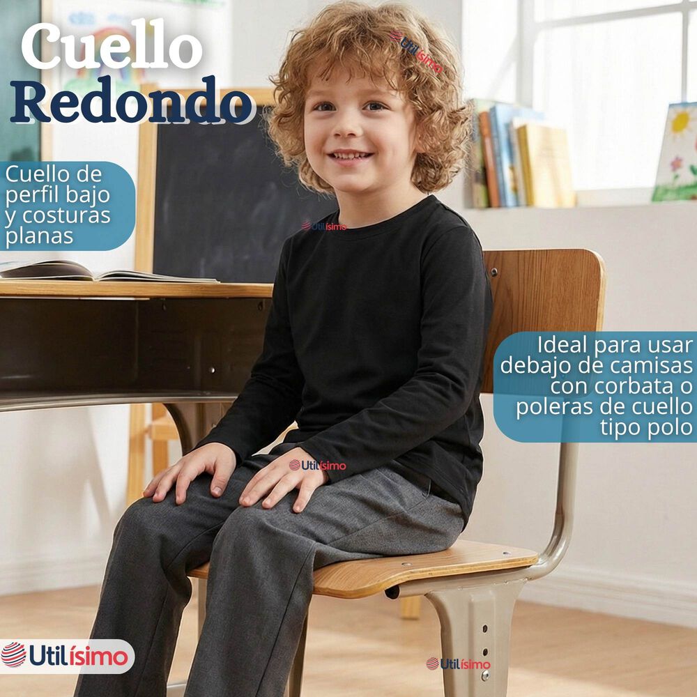 Pack 3 Poleras Camisetas Polar Negra Primera Capa Escolar Cuello Redondo Manga Larga Ni&ntilde;o image number 4.0
