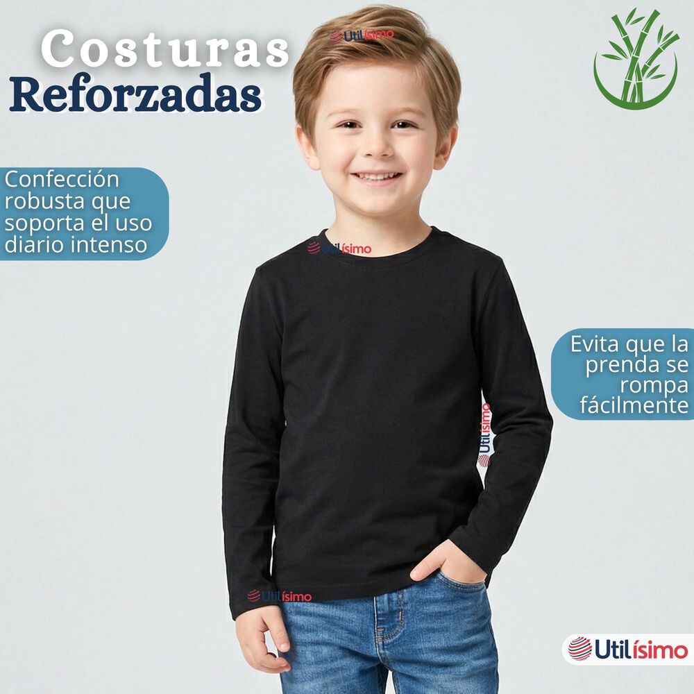 Pack 3 Poleras Camisetas Bamb&uacute; Negra Cuello Redondo Primera Capa Manga Larga Ni&ntilde;o image number 8.0