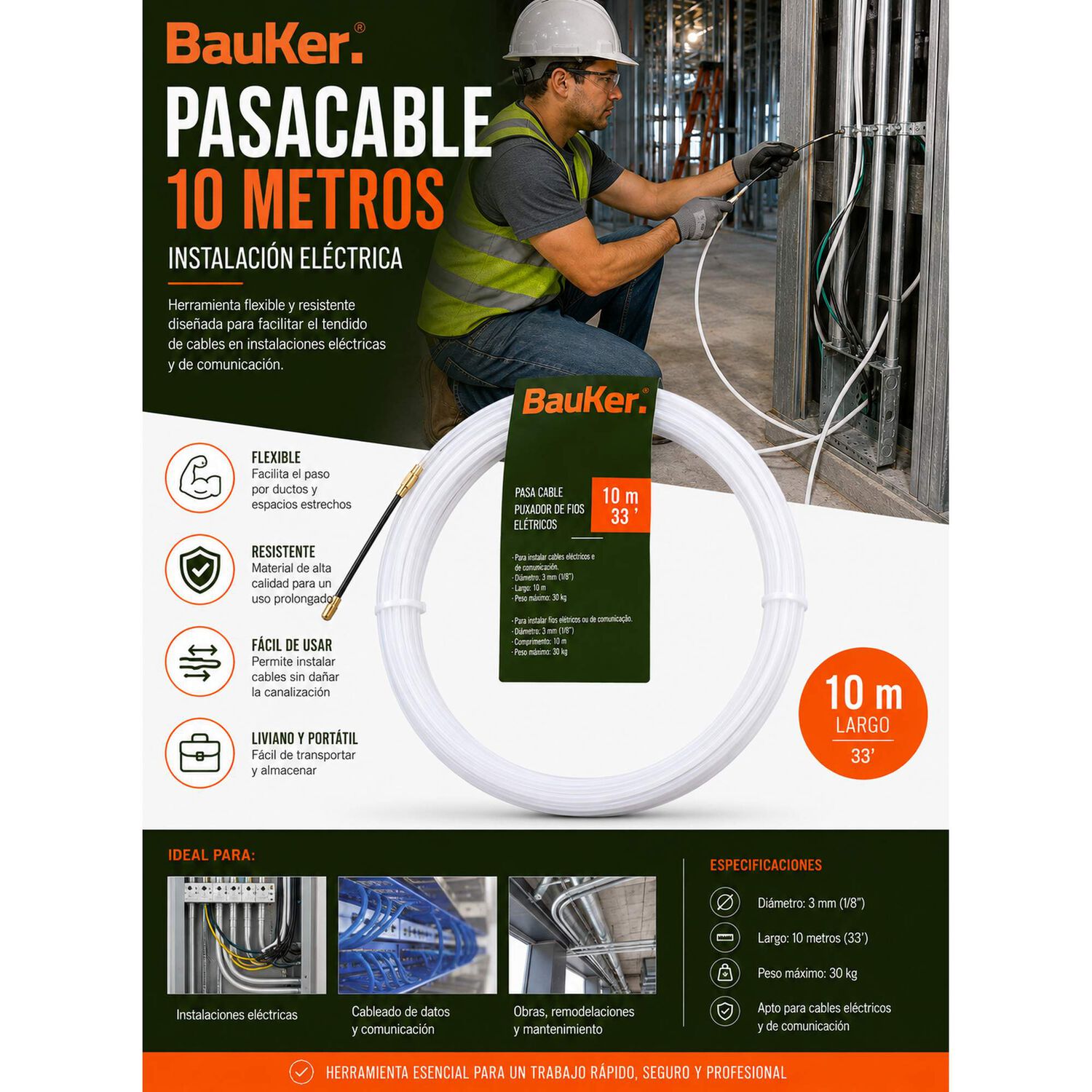 Pasacable El&eacute;ctrico 10 Metros Para Instalaci&oacute;n De Cables image number 5.0