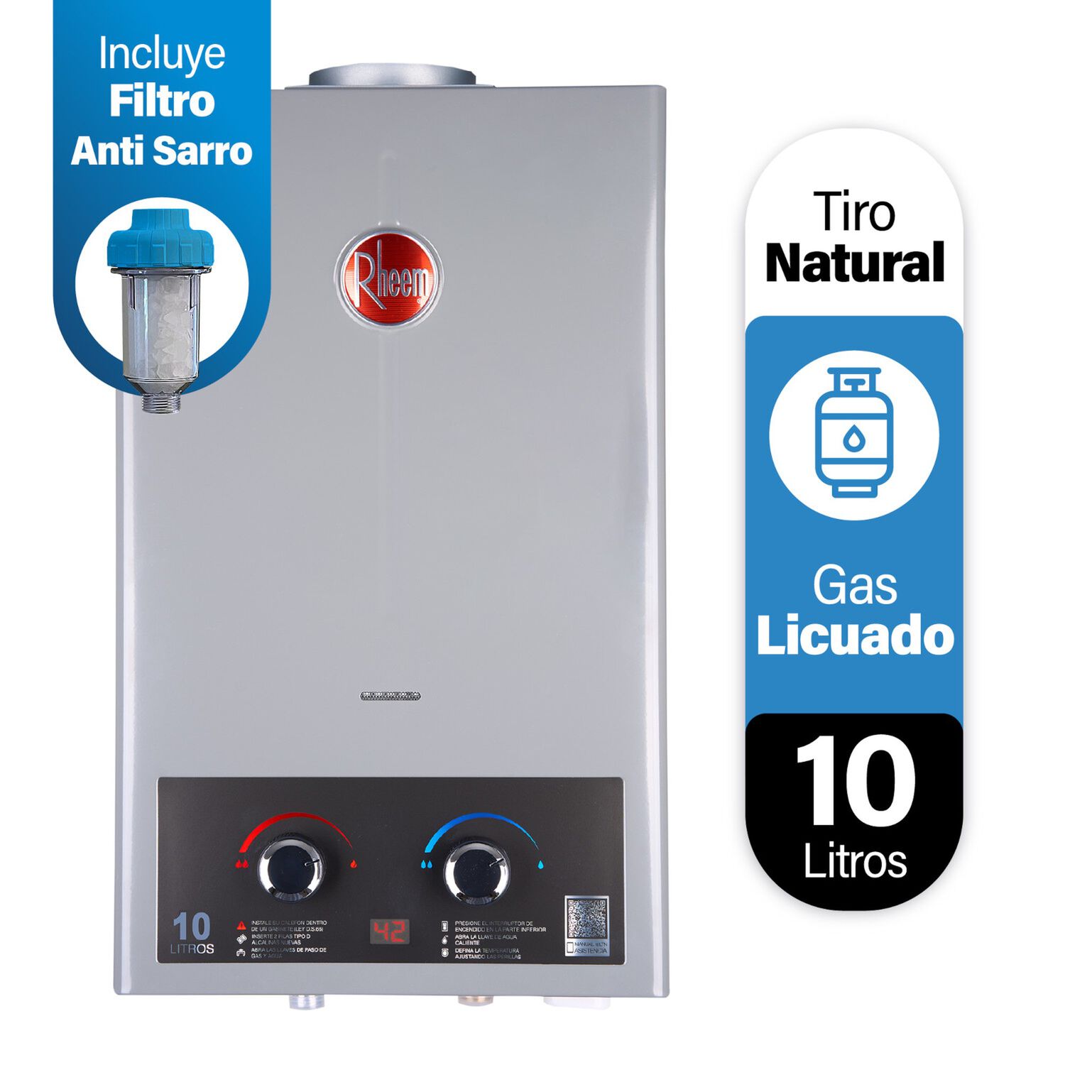 Calefont Digital 10 Litros Gas Licuado Tiro Natural Rheem image number 1.0