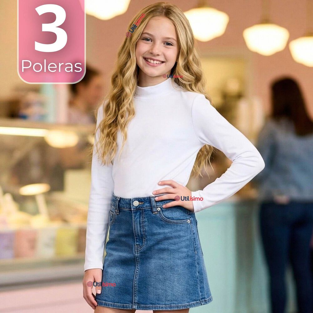 Pack 3 Poleras Camisetas Polar Blanca Primera Capa Cuello Beatle Manga Larga Ni&ntilde;a image number 0.0