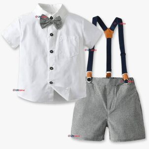 Conjunto De Vestir Con Tirantes Camisa Pantalón Corto Algodón Bebé Azul