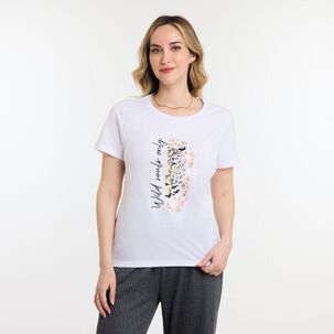Polera Lisa Estampado Delantero Manga Corta Cuello Redondo Mujer Geeps