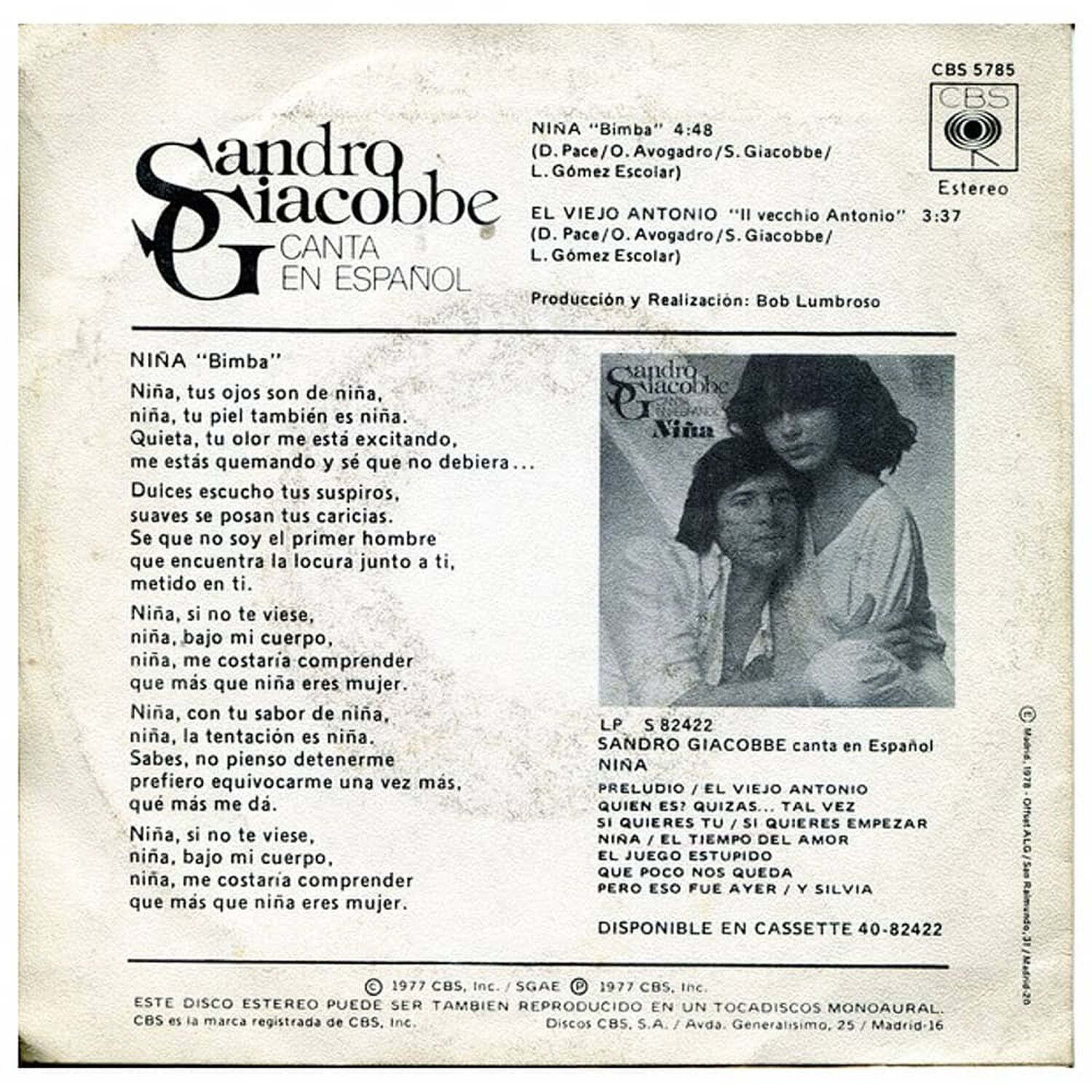 Sandro Giacobbe - Ni&ntilde;a (en Espa&ntilde;ol) | 7" Single Vinilo Usado image number 1.0