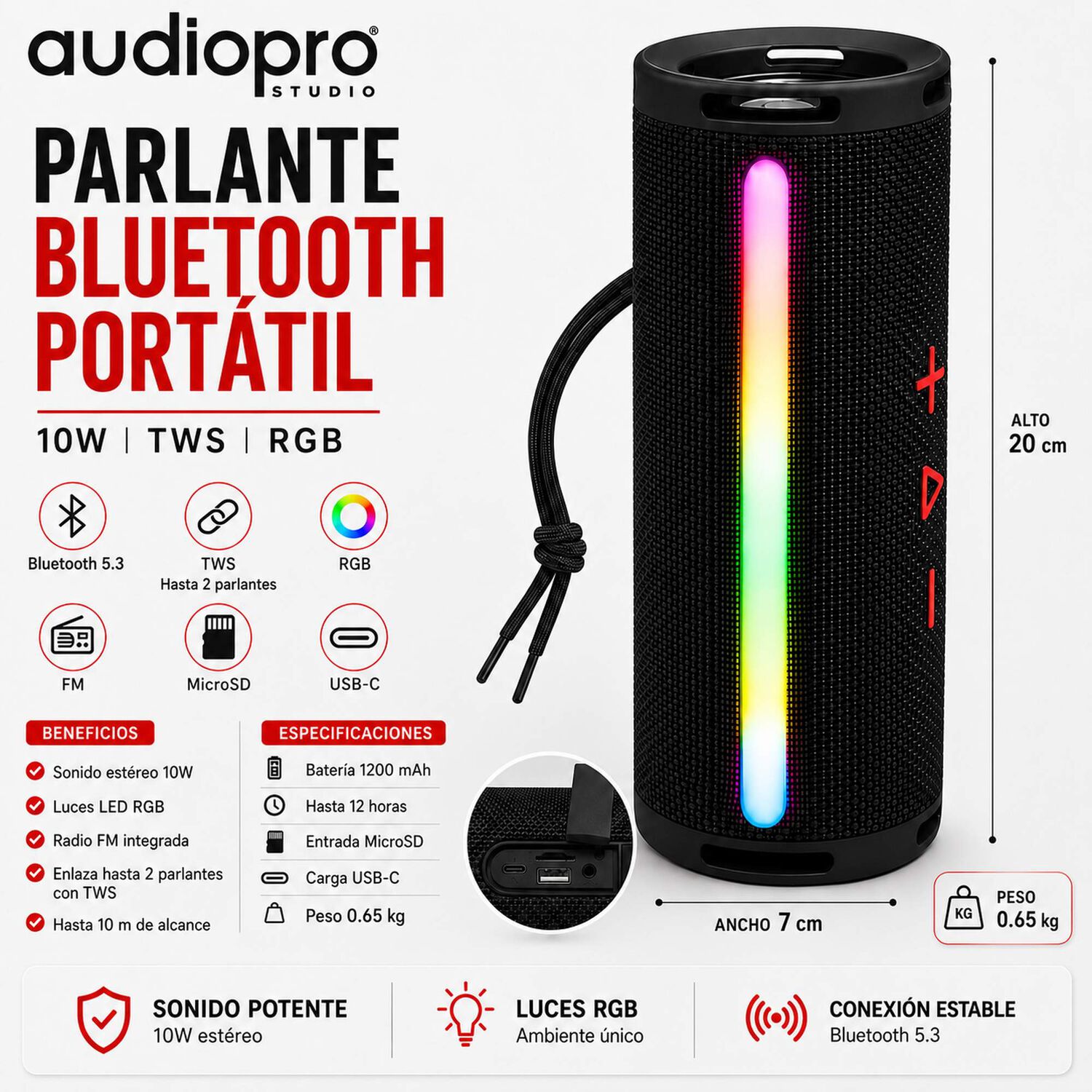 Parlante Port&aacute;til Bluetooth Tws Iluminaci&oacute;n Rgb 10w Negro 12hrs image number 7.0