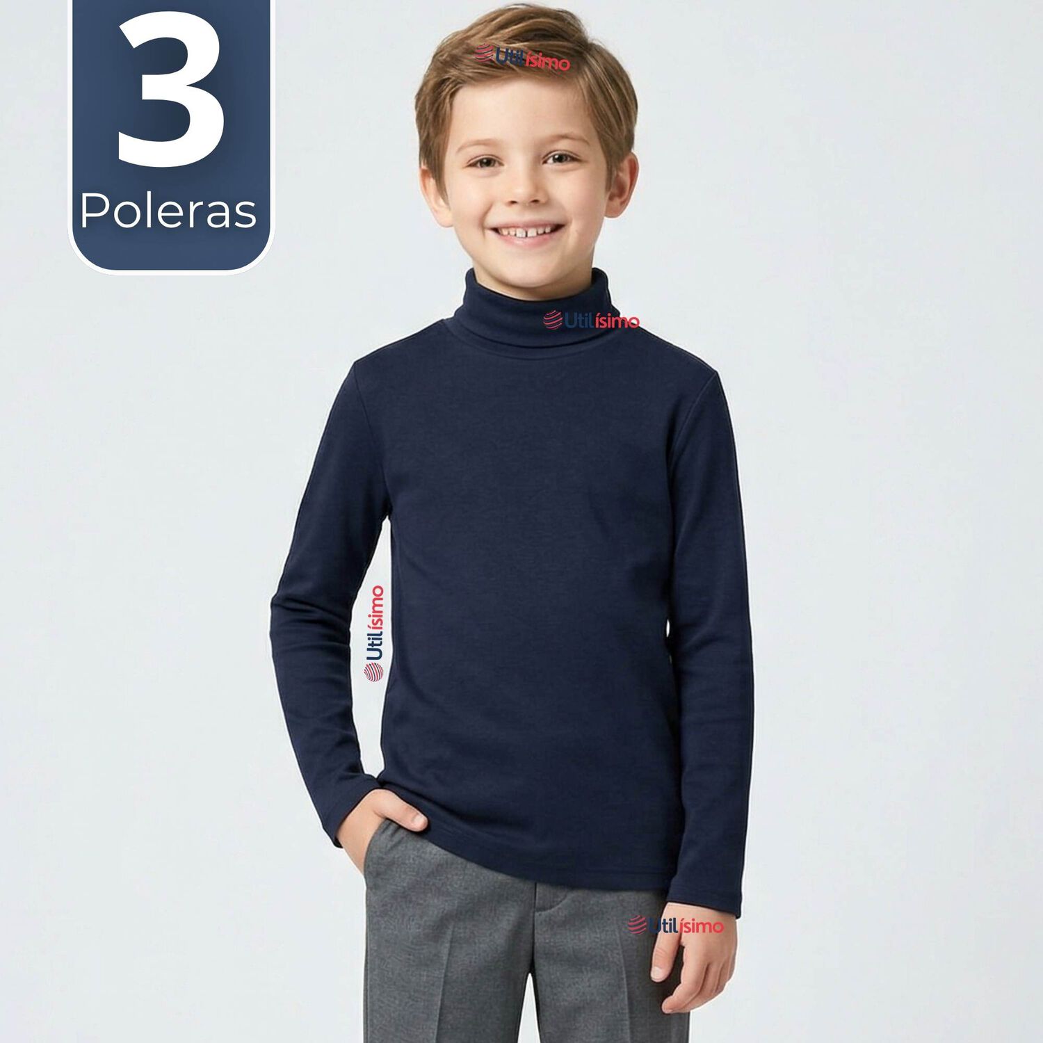 Pack 3 Poleras Camisetas Polar Azul Oscuro Primera Capa Beatle Manga Larga Ni&ntilde;o image number 0.0