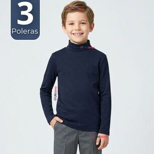 Pack 3 Poleras Camisetas Polar Azul Oscuro Primera Capa Beatle Manga Larga Ni&ntilde;o