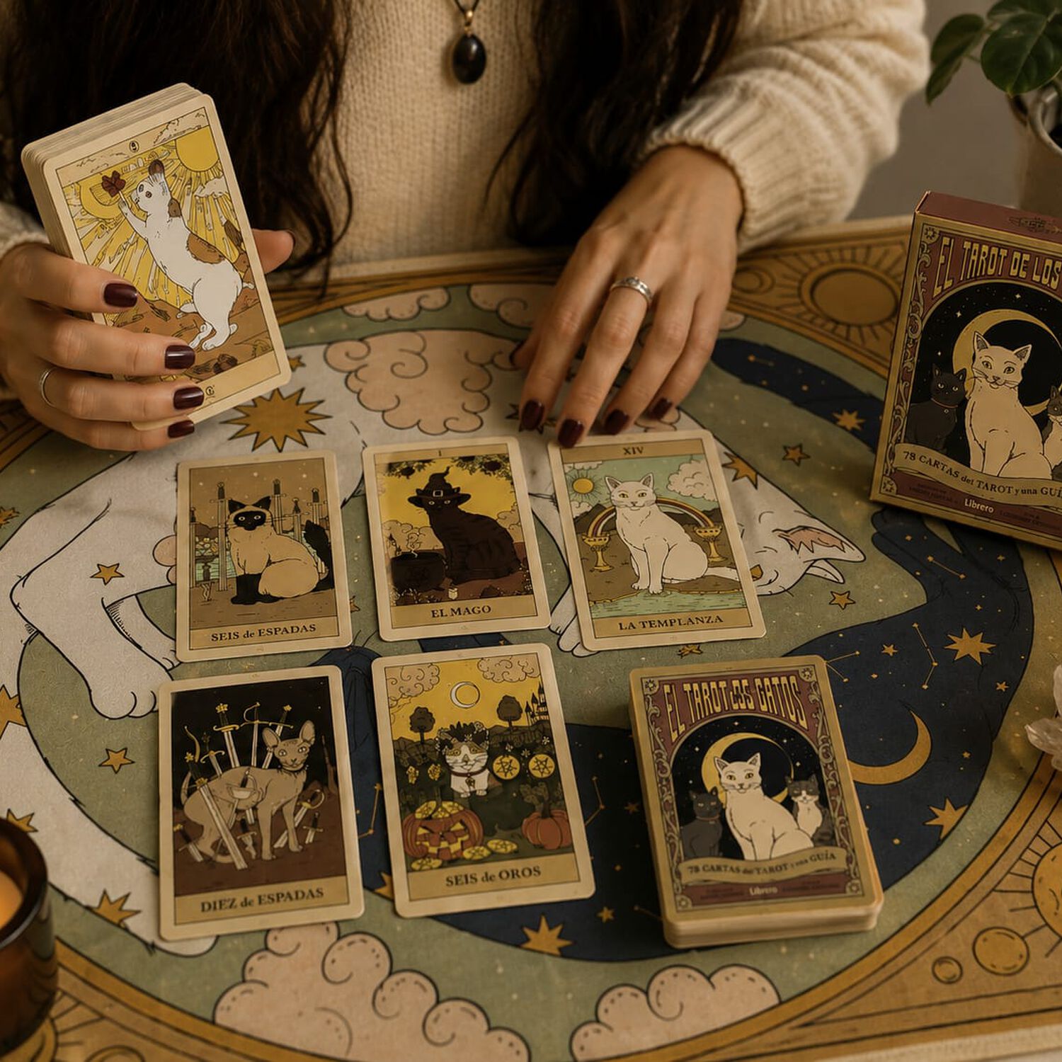 Pack Tarot De Gatos En Espa&ntilde;ol Y Mantel De Gatos 48x48 Cm image number 2.0