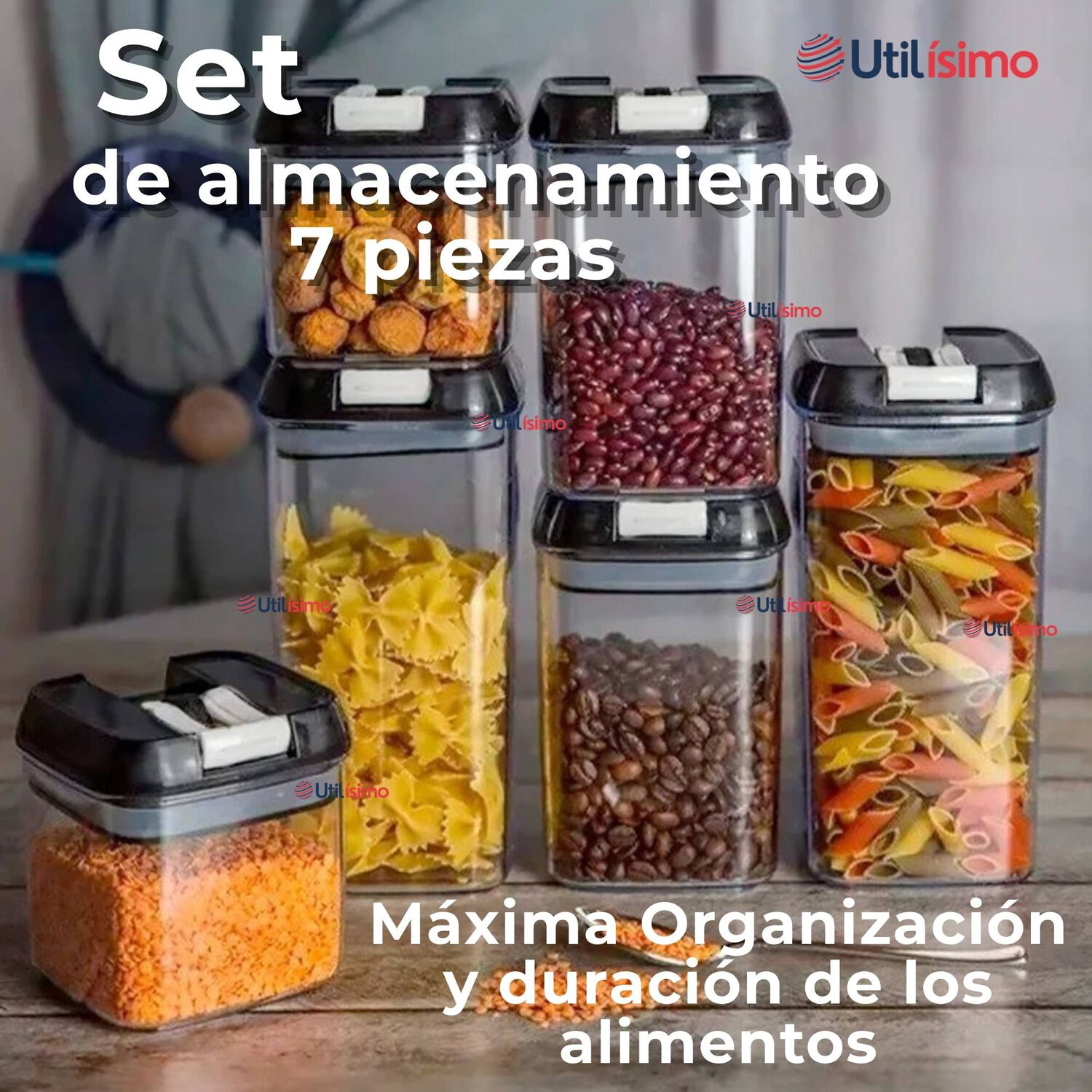 Set Contenedores De Alimentos 7 Piezas Herm&eacute;ticos De Plastico Cocina Despensa Negro image number 1.0