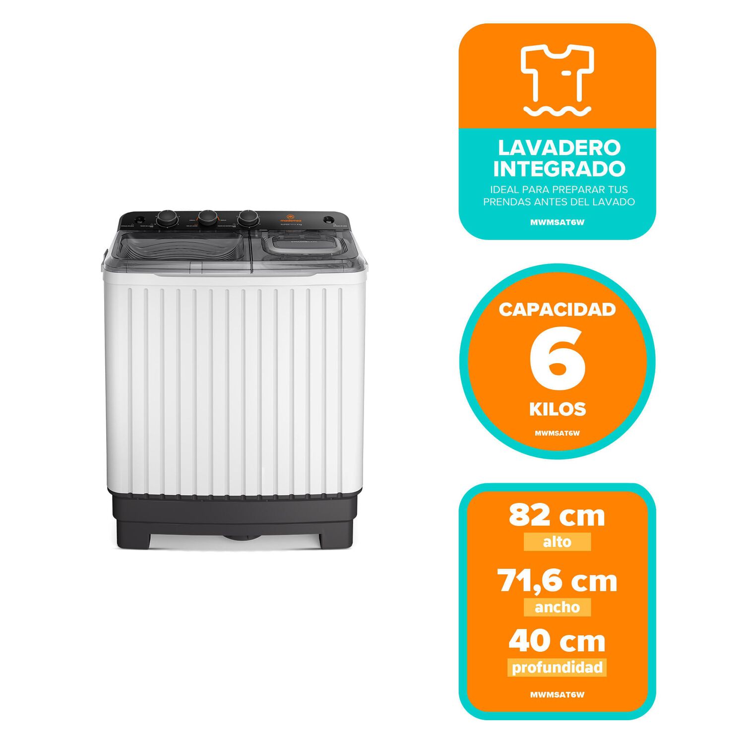 Lavadora Semi Autom&aacute;tica Mademsa 6kg Carga Superior Mwmsat6w image number 1.0