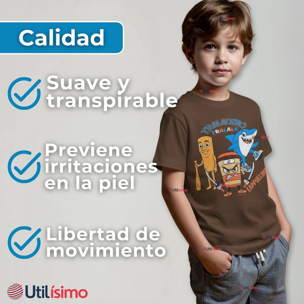 Polera Brainrots 100% Algodón Manga Corta Niño Tralalero Marrón image number 4.0