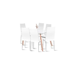 Comedor Mesa De Vidrio Rectangular 140x90cm + 6 Sillas Dining Liana Acolchadas - Blancas