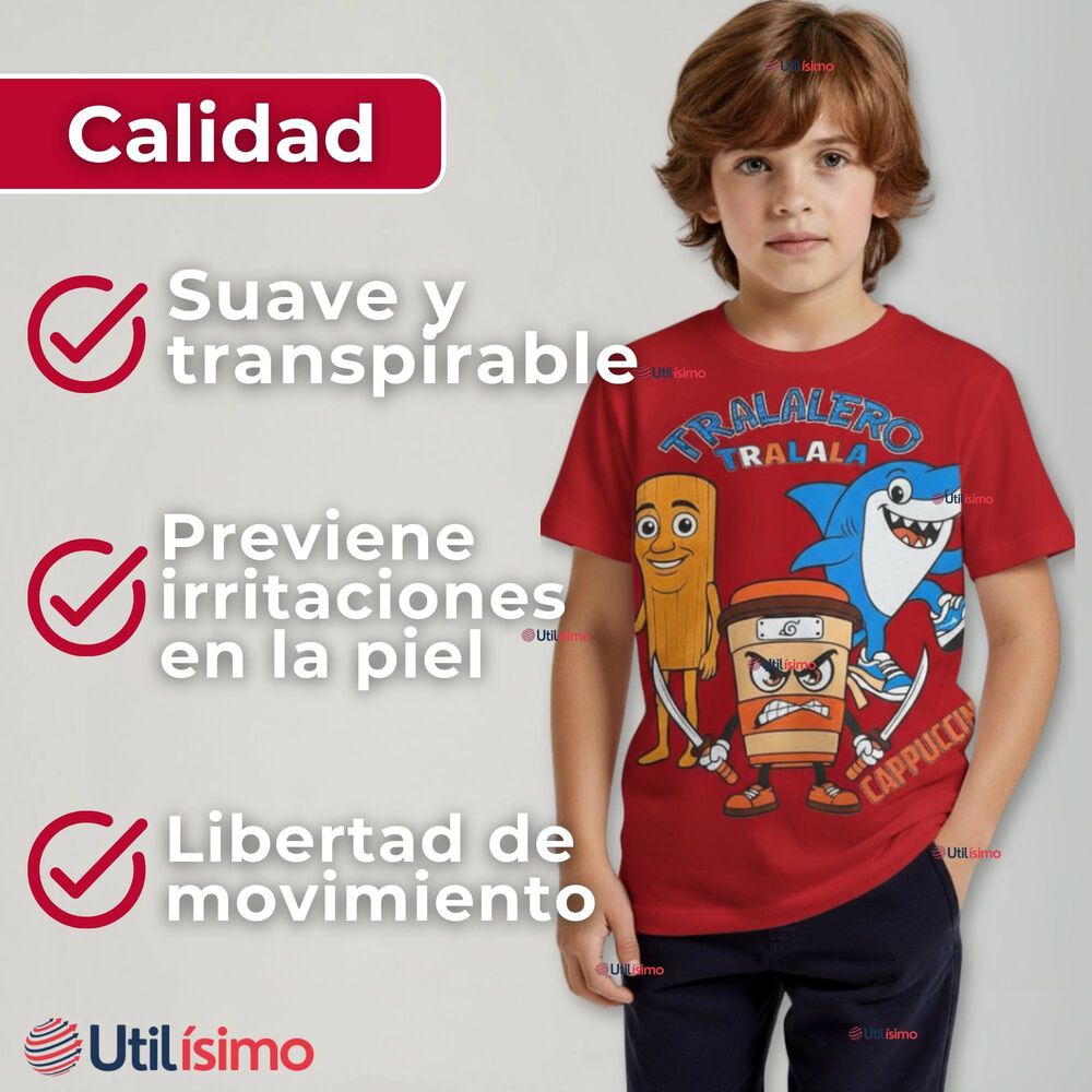 Polera Brainrots 100% Algodón Manga Corta Niño Tralalero Rojo image number 4.0