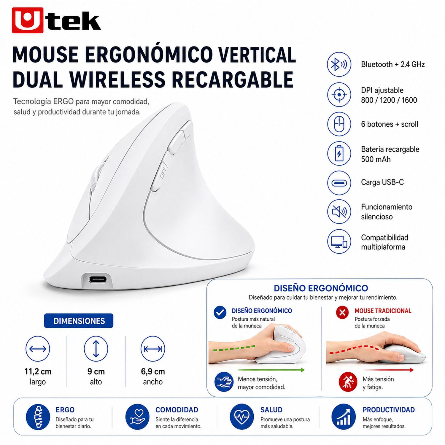 Mouse Vertical Ergon&oacute;mico Dual Wireless Recargable Blanco image number 7.0