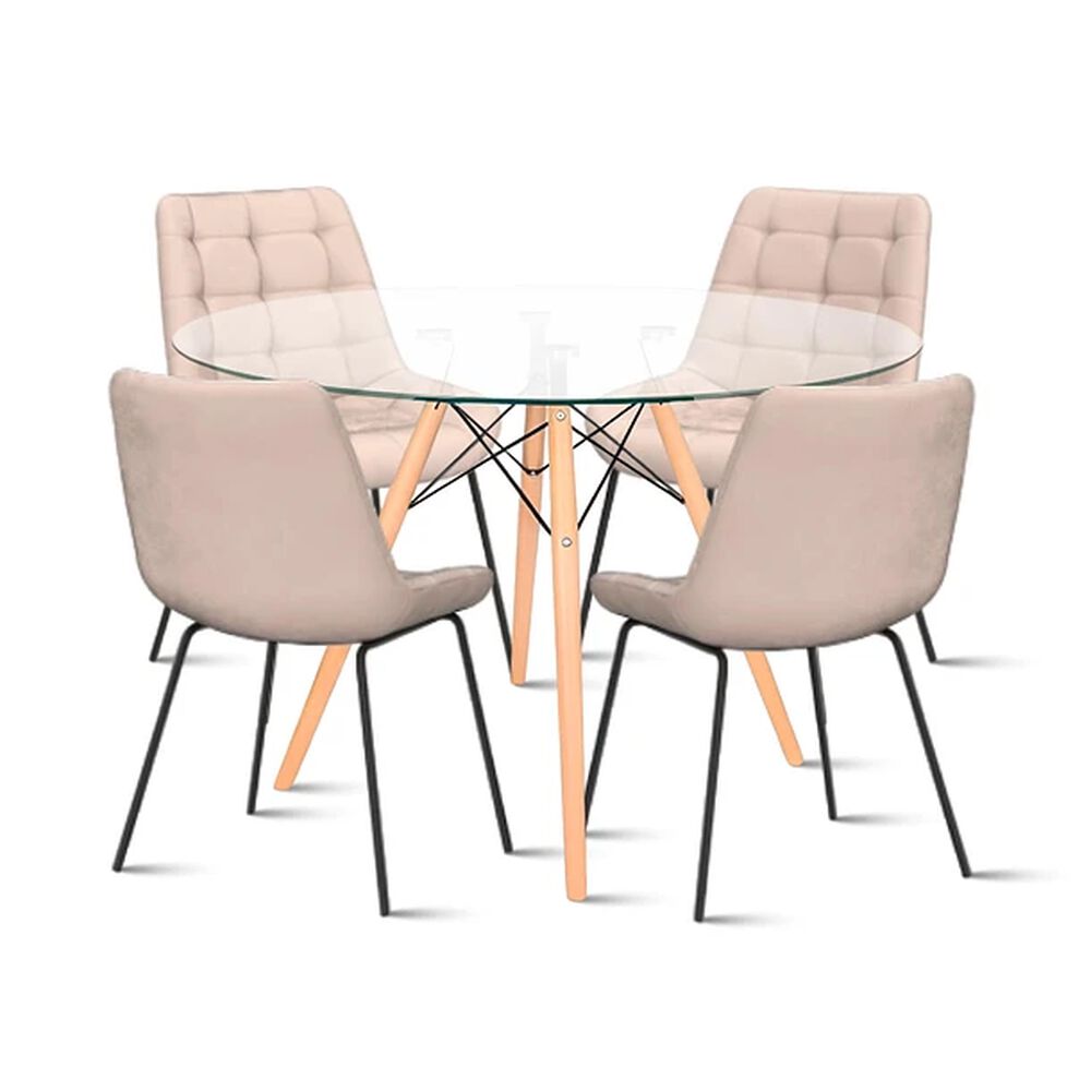 Comedor Mesa Eames 80cm Redonda Vidrio + 4 Silla Macron Terciopelo - Beige image number 0.0