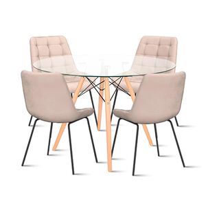 Comedor Mesa Eames 80cm Redonda Vidrio + 4 Silla Macron Terciopelo - Beige Comedor Mesa Eames 80cm Redonda Vidrio + 4 Silla Macron Terciopelo - Beige