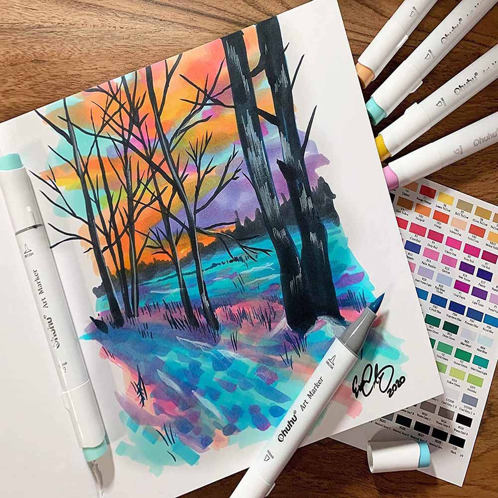 Ohuhu 216 Marcadores De Alcohol + 1 Blender. Pincel&biselada image number 4.0