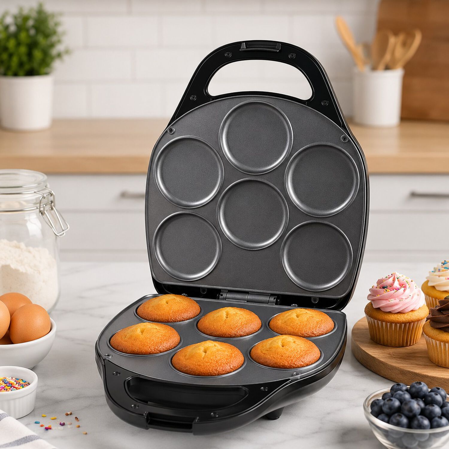 Maquina De Muffins Arepas Tostador Multiuso Antiadherente 1400w 6 Cavidades Marca Ackiliss image number 0.0